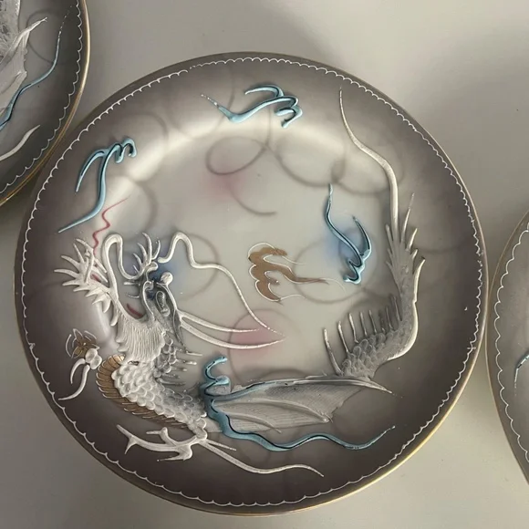 Moriage Raised Dragon Demitasse Tea Set; Dragon-ware Vintage